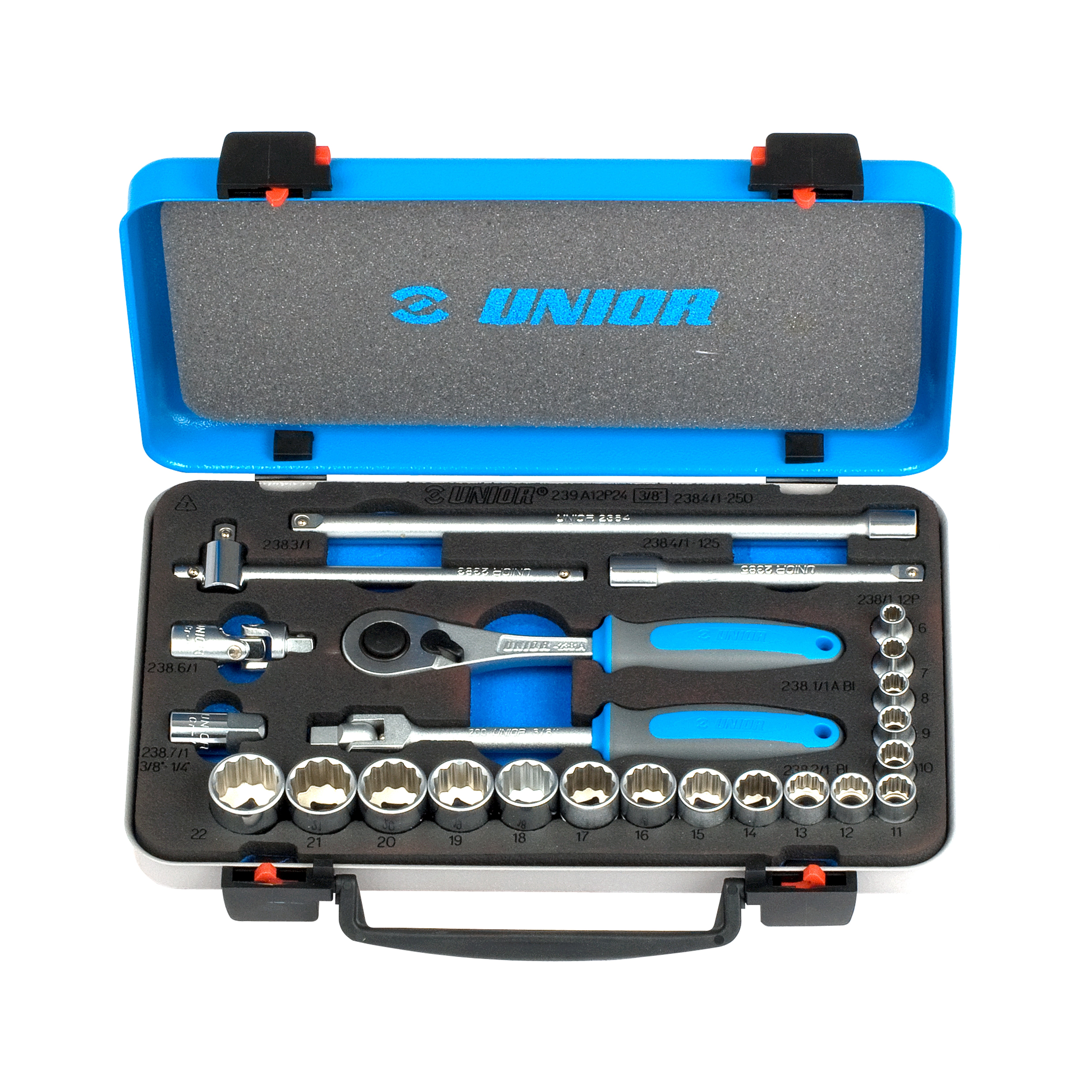 **Dopsleutelset 3/8 in metalen cassette 239A12P24 6 - 22/24