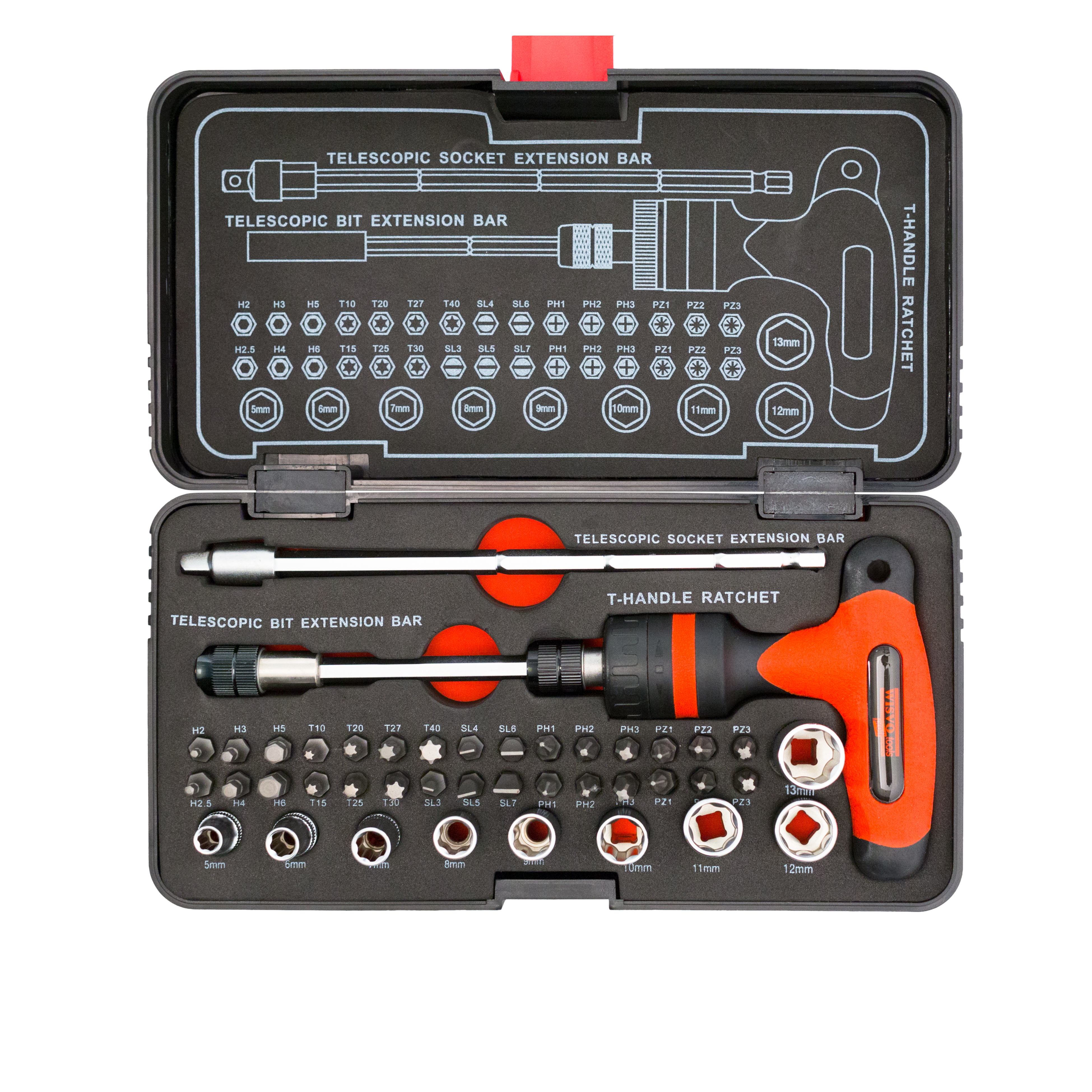 Dopsleutelset 1/4 in kunststof cassette T-greep 3114 S42