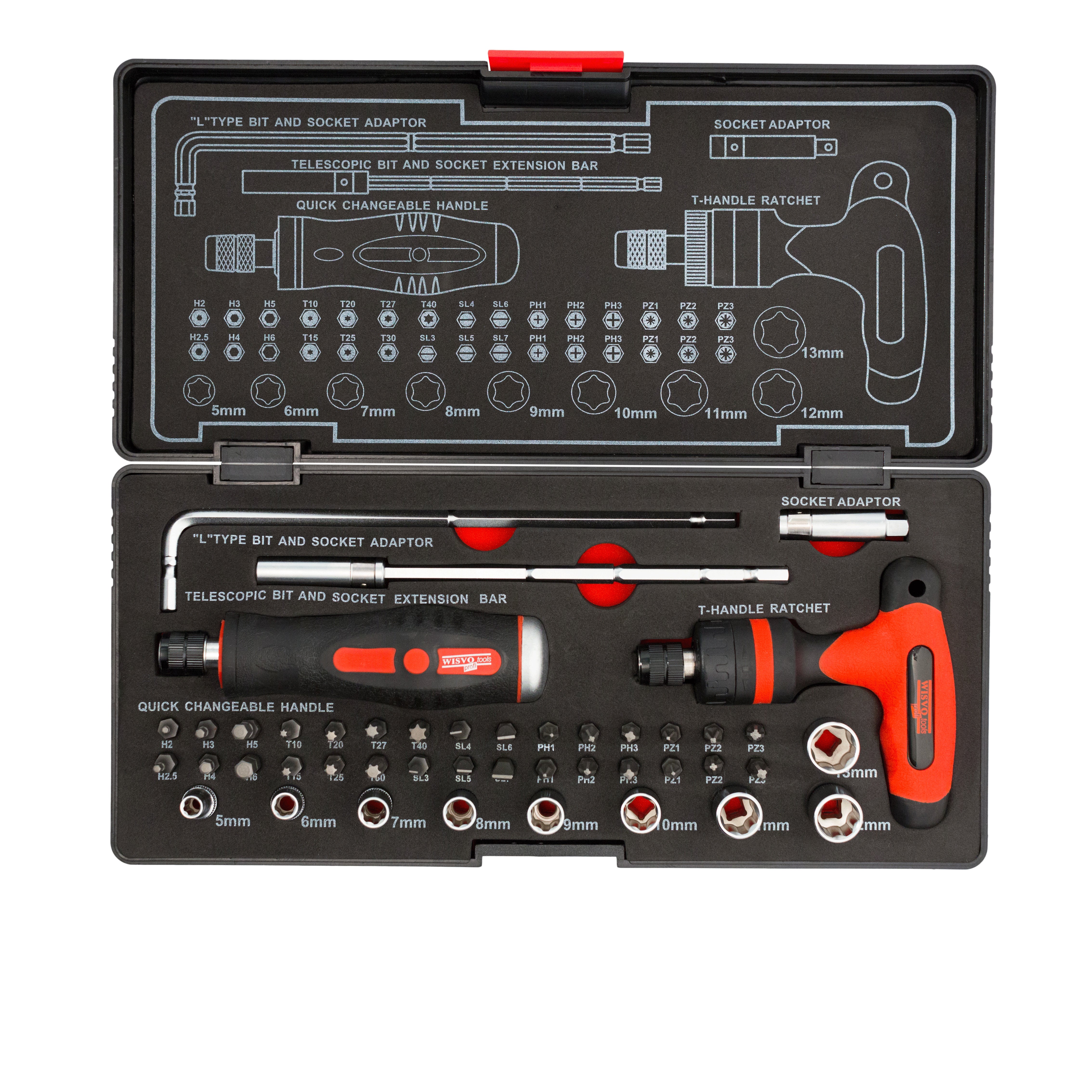 Dopsleutelset 1/4 in kunststof cassette  T-Greep + Schroevendraaier S44