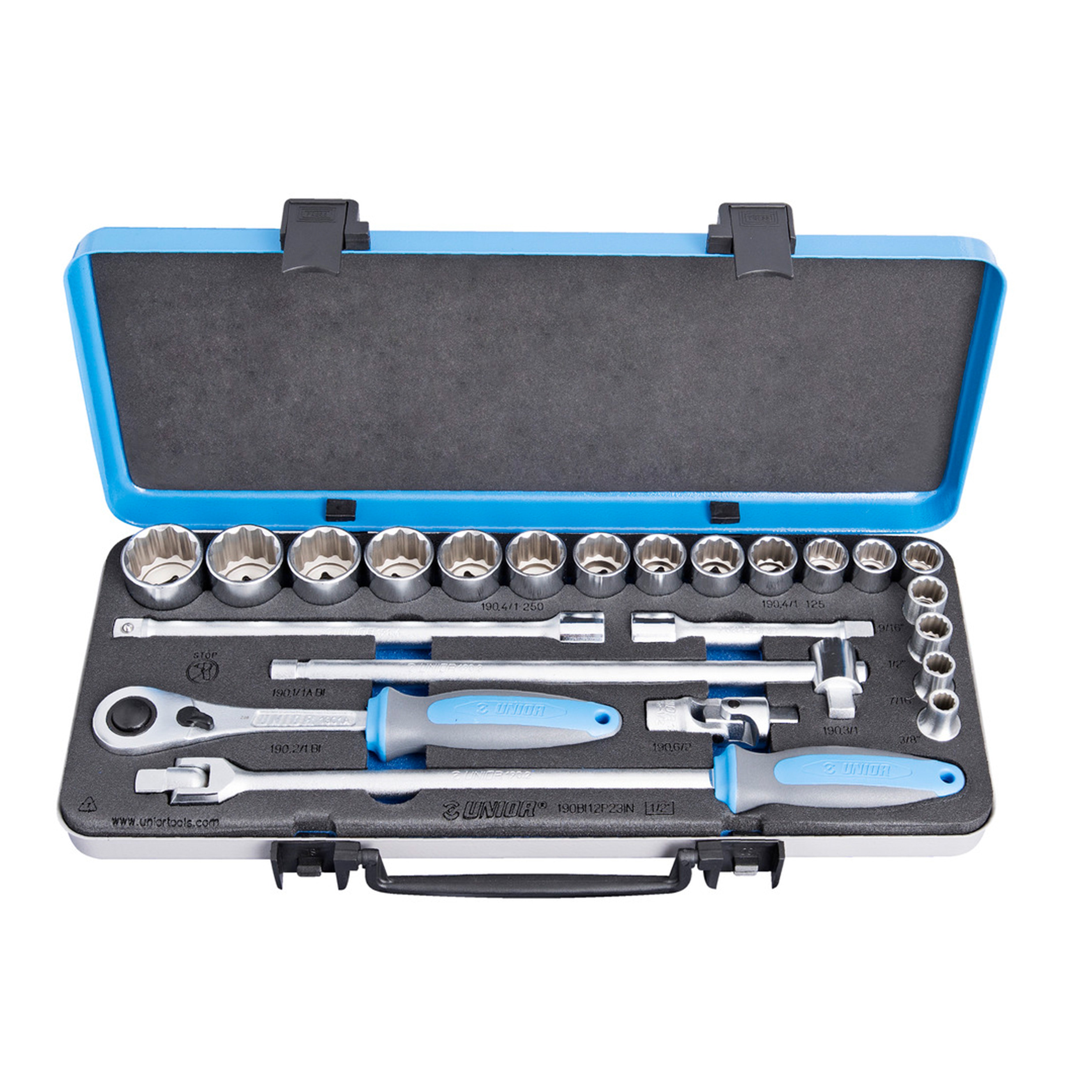 Dopsleutelset 1/2 in metalen cassette 190BI12P23IN 3/8 - 1 1/4"
